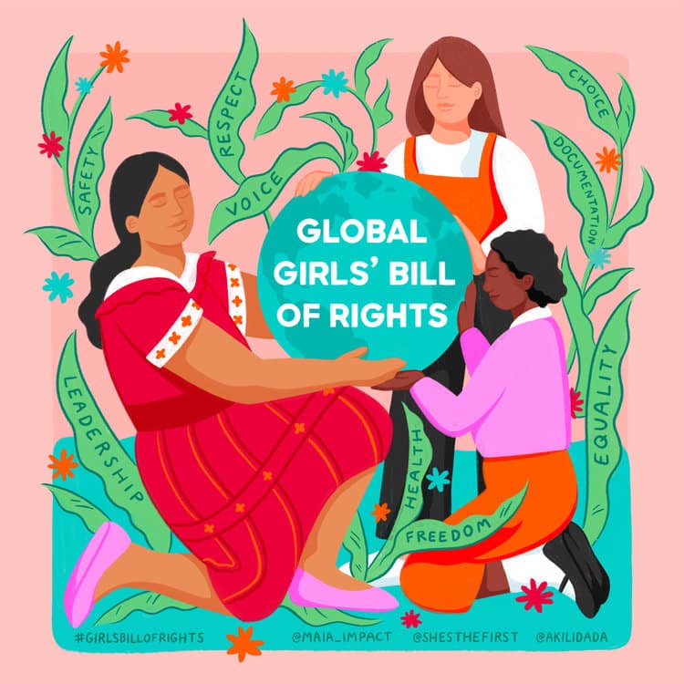 Artwork created by Louisa Cannell, showcasing girls of various cultures and ethnic backgrounds coming together for the Global Girls' Bill of Rights.